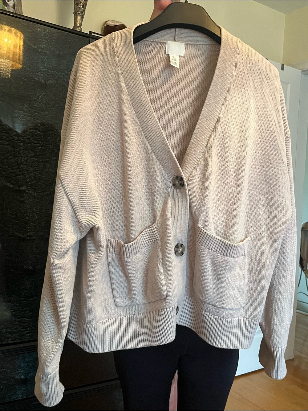 H&M Cream Cotton-Blend Knit V-Neck Button Pocket Cardigan